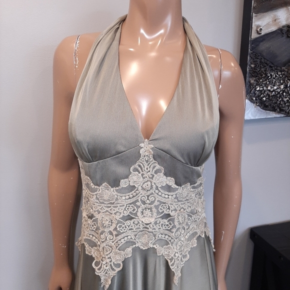 Vintage Joseph Ribkoff Halter Dress Sage Green Gold Crochet Maxi Sleeveless Gown - Picture 2 of 16